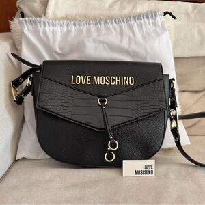 Authentic Love Moschino Black Crossbody with Croc-Texture Flap and Gold Logo